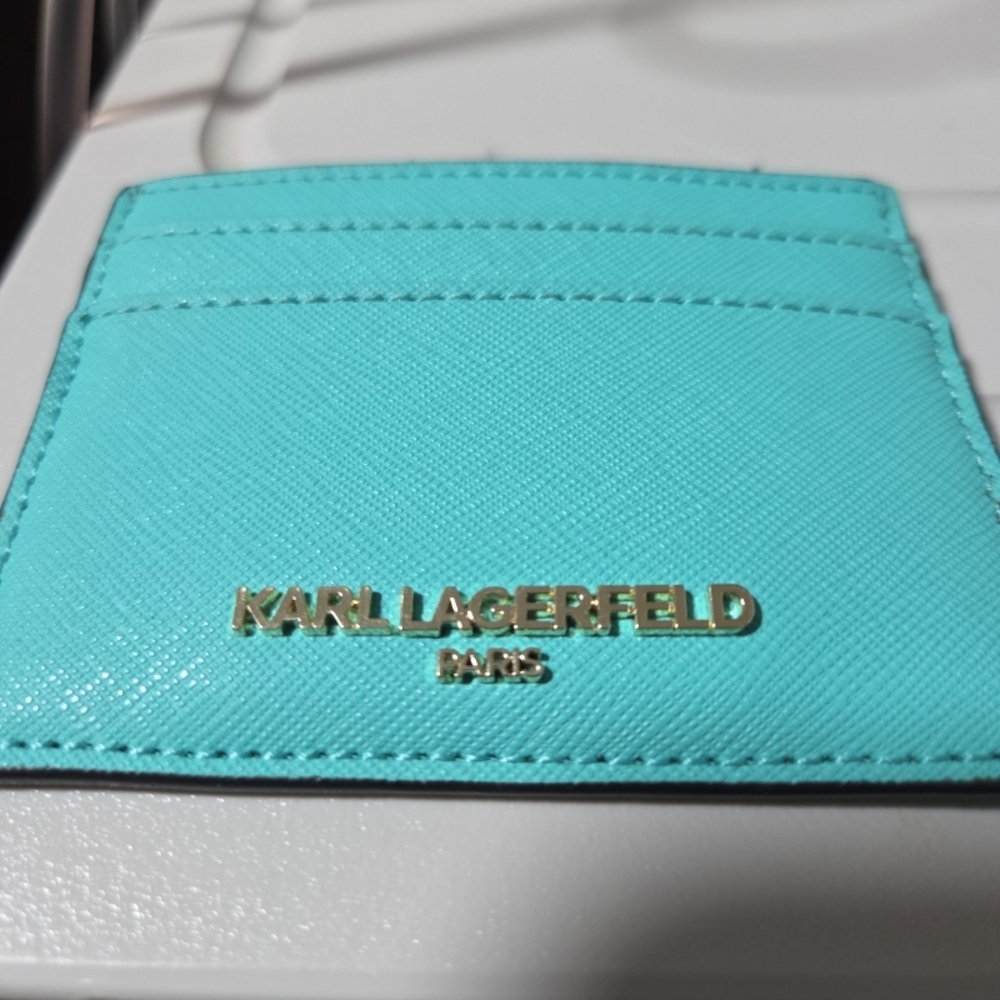 Karl Lagerfeld Aqua Card Holder with Gold Accents